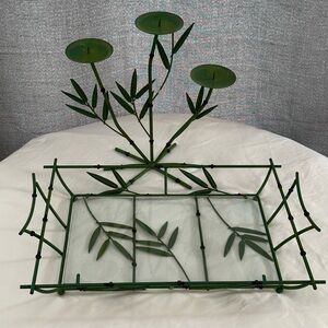 1970s Large Bamboo Pagoda-Style Green Metal & Glass Tray & Candle Holder
